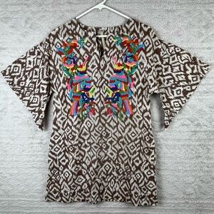 Anthropologie UNCLE FRANK Linen Embroidered Colorful Birds Dress Kimono Sleeve